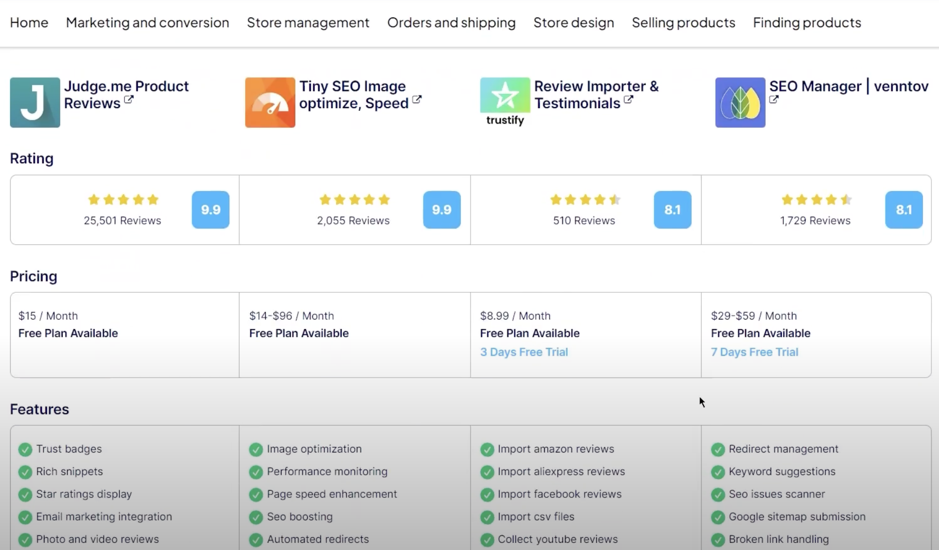 Top-rated Shopify SEO apps including Judge.me Product Reviews, Tiny SEO Image optimize, and SEO Manager by venntov. These apps are reviewed for their features and pricing to help Shopify merchants choose the best tools for optimizing their store’s SEO.